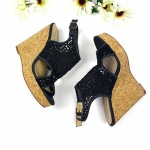 Lucky Brand Black Crochet Lace & Cork Wedge Heels